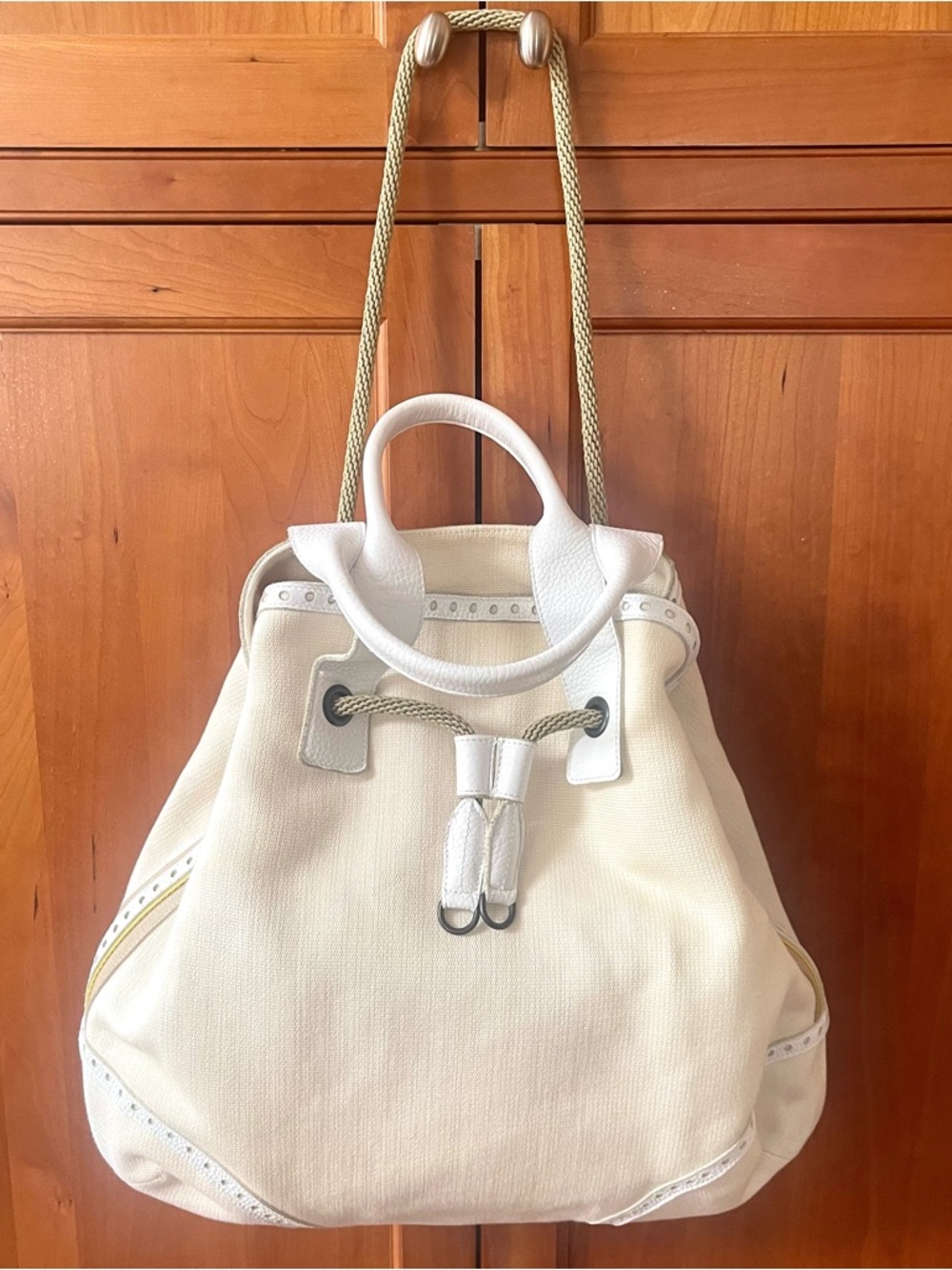 Authentic Bottega Veneta Canvas & Leather Trimmed Hobo Bag In Creamy Beige Color